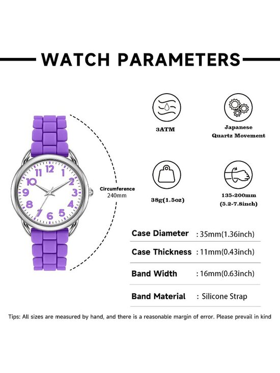 Women\'s Purple White Big Face Easy Reader Silicone Strap Waterproof 35MM Watch main image 4